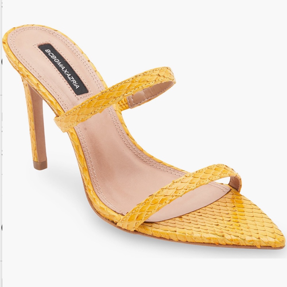 BCBGMAXAZRIA Duponi heel sandal in Tuscany yellow snake print